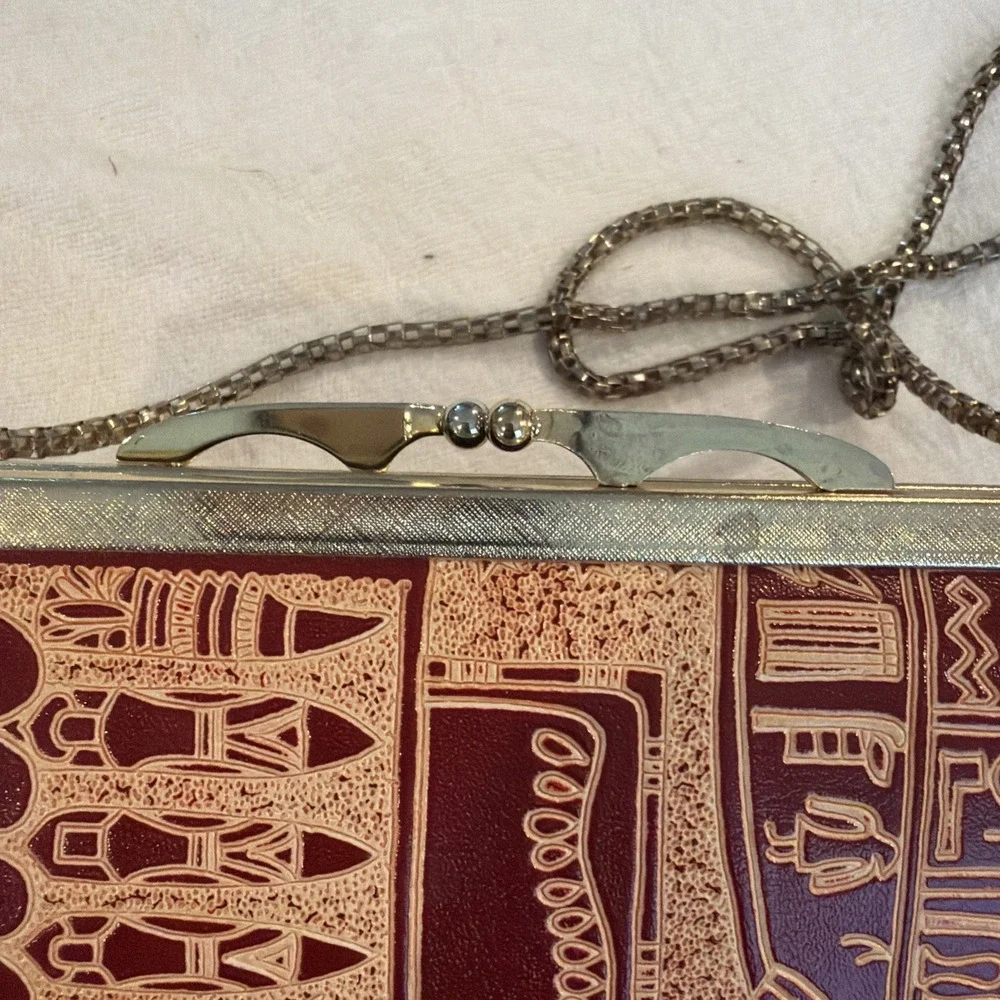 Vtg MCM Egyptian Hieroglyphics Motif Tooled Leather Purse With Gold Tone‎ Chain